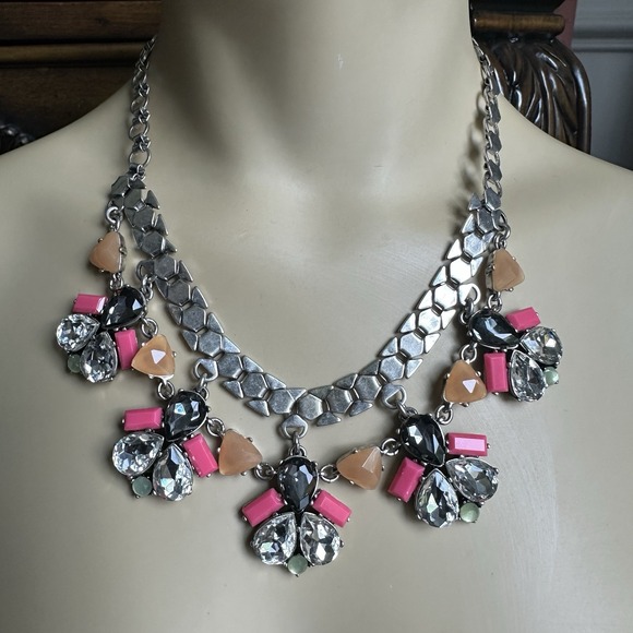 Stella Dot Statement Bib Necklace 26" Multicolor Crystal Rhinestones Silver Tone - Picture 1 of 11